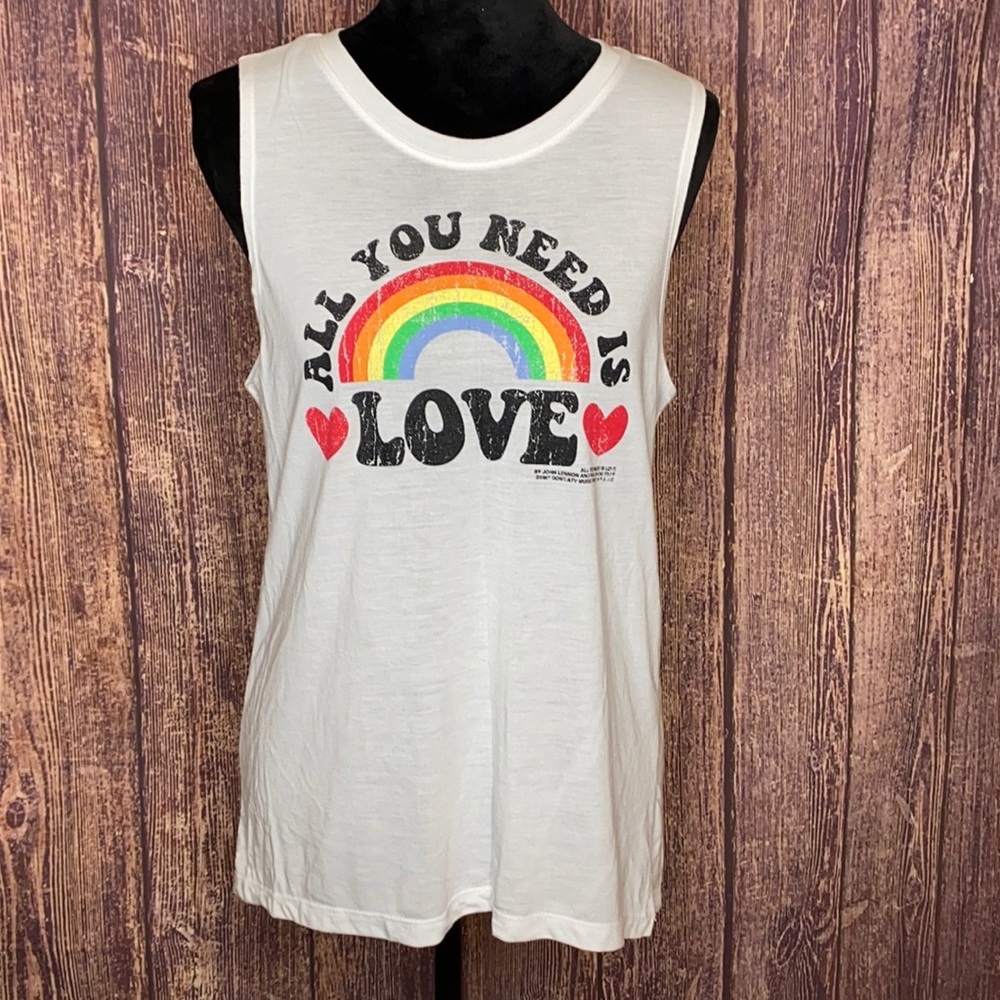 ALL YOU NEED IS LOVE Paul McCartney John Lennon rainbow tank white soft XL